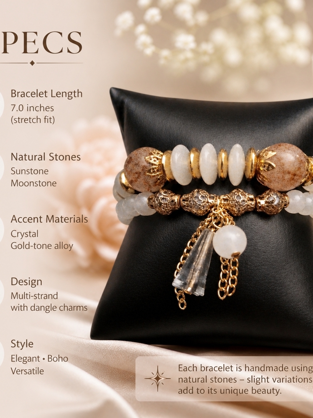 White Brown Gold Accent Beaded Bracelet Set - Picture 3 of 3